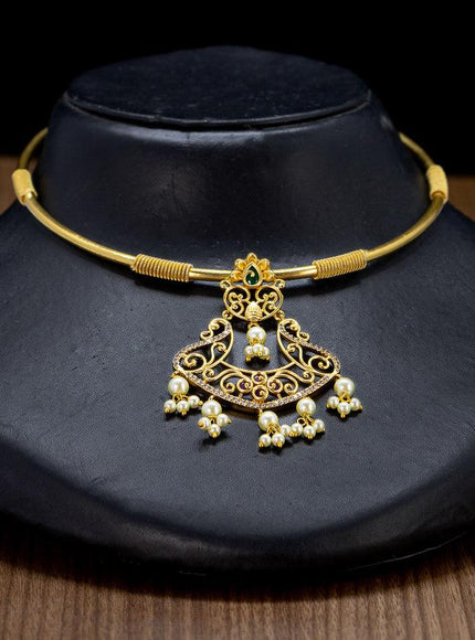 Antique ring type choker kemp and cz stone with pearl hangings - {{ collection.title }} by Prashanti Sarees
