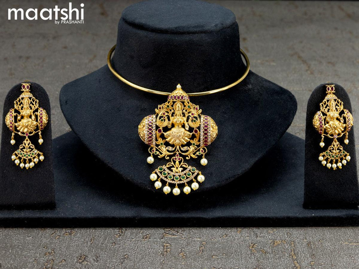 Antique ring type choker kemp and cz stones with lakshmi pendant - {{ collection.title }} by Prashanti Sarees