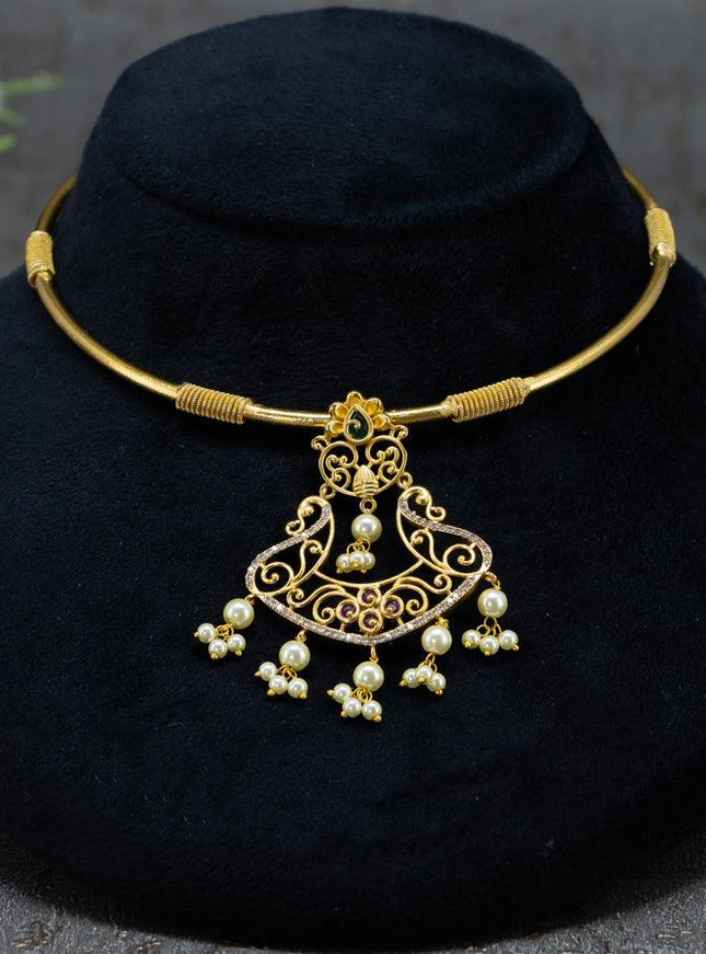 Antique ring type choker kemp and cz stones with pearl hangings - {{ collection.title }} by Prashanti Sarees