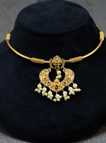 Antique ring type choker kemp and cz stones with pearl hangings - {{ collection.title }} by Prashanti Sarees