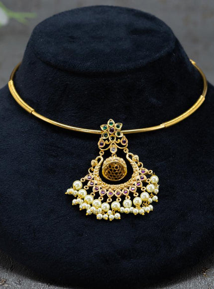 Antique ring type choker with kemp stones and pearl hangings - {{ collection.title }} by Prashanti Sarees
