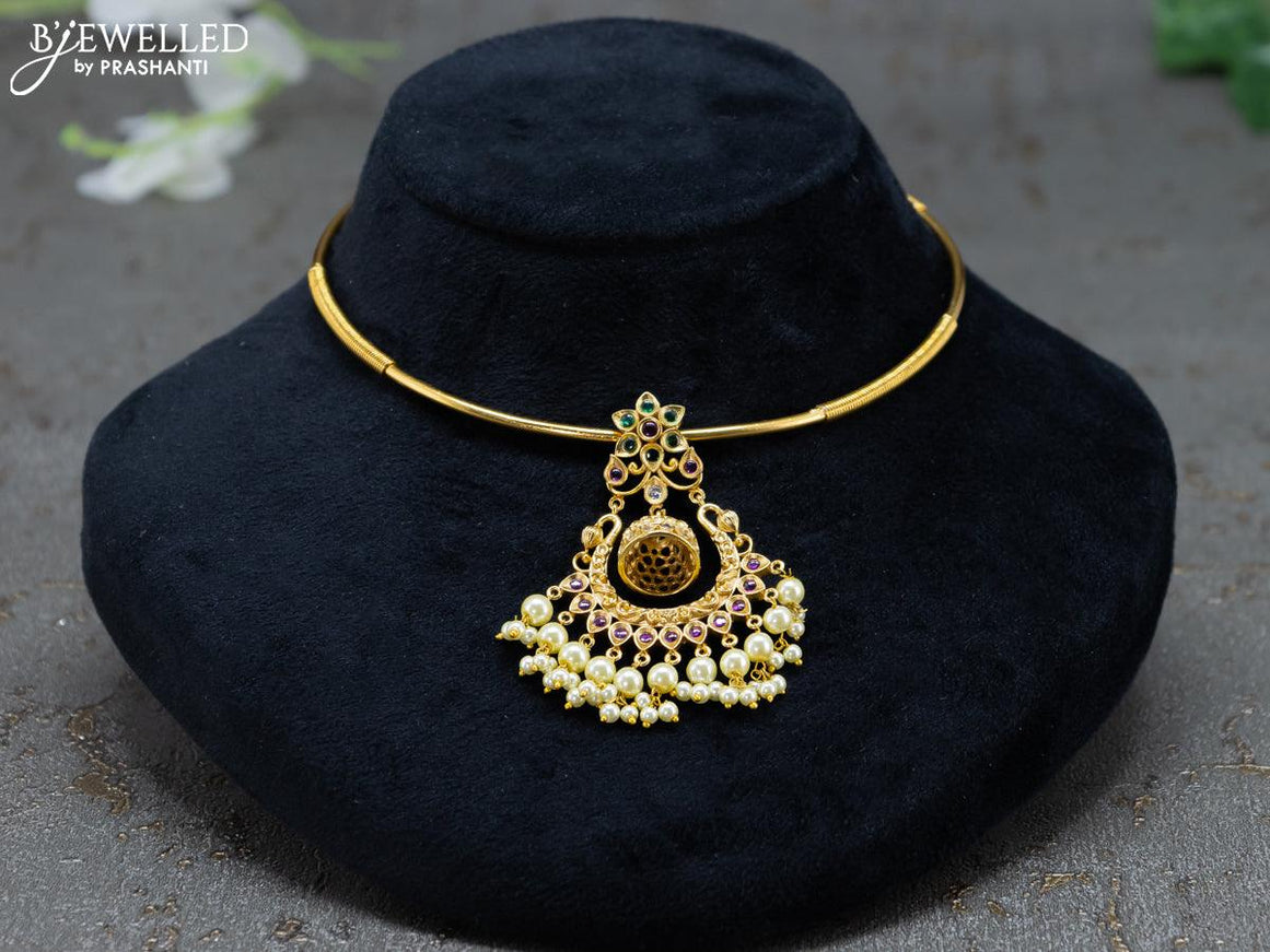 Antique ring type choker with kemp stones and pearl hangings - {{ collection.title }} by Prashanti Sarees
