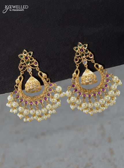 Antique ring type choker with kemp stones and pearl hangings - {{ collection.title }} by Prashanti Sarees