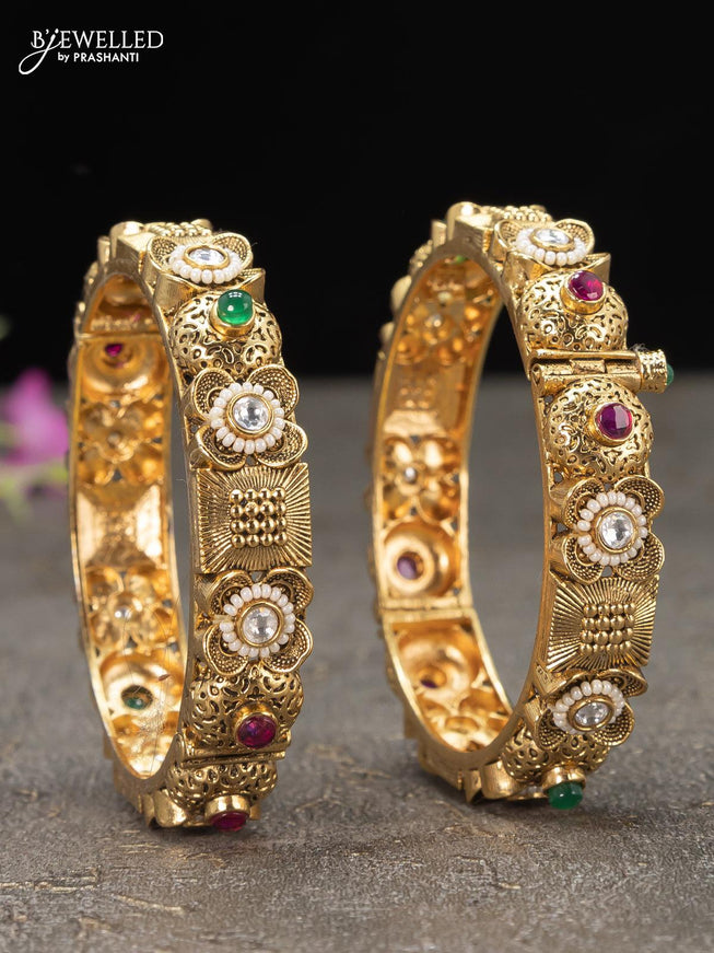Antique screw type bangles floral design kemp and cz stones with pearls - {{ collection.title }} by Prashanti Sarees