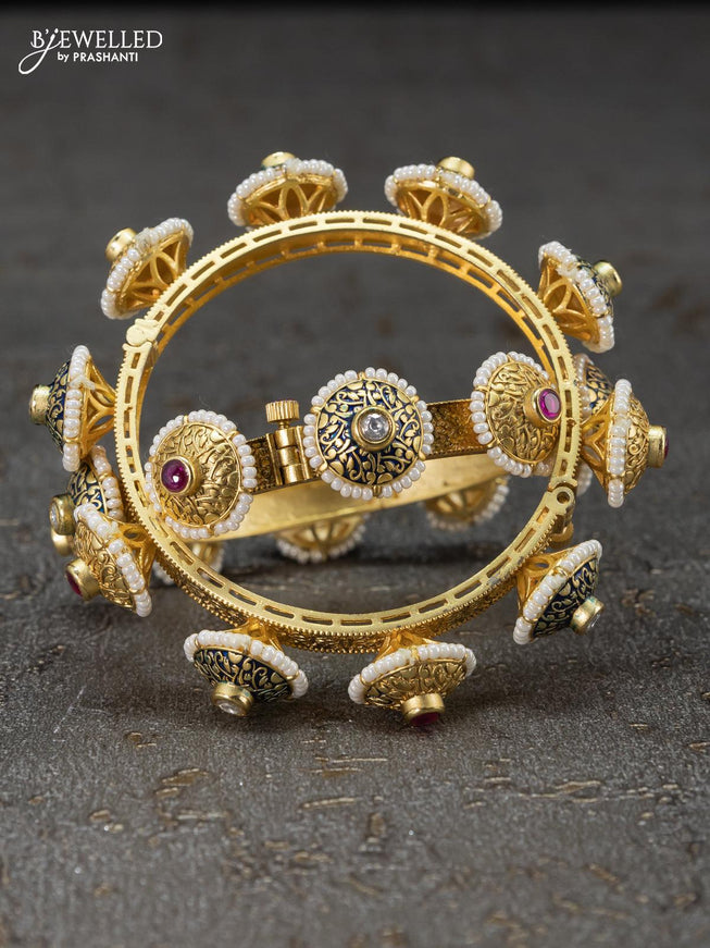 Antique screw type bangles kemp and cz stones with pearls - {{ collection.title }} by Prashanti Sarees