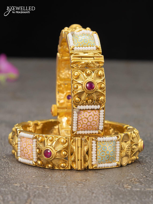 Antique screw type bangles minakari design with pink kemp stones and pearls - {{ collection.title }} by Prashanti Sarees
