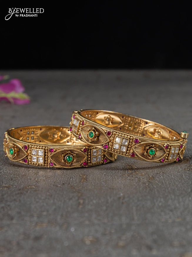 Antique screw type bangles with floral design and kemp and cz stones - {{ collection.title }} by Prashanti Sarees