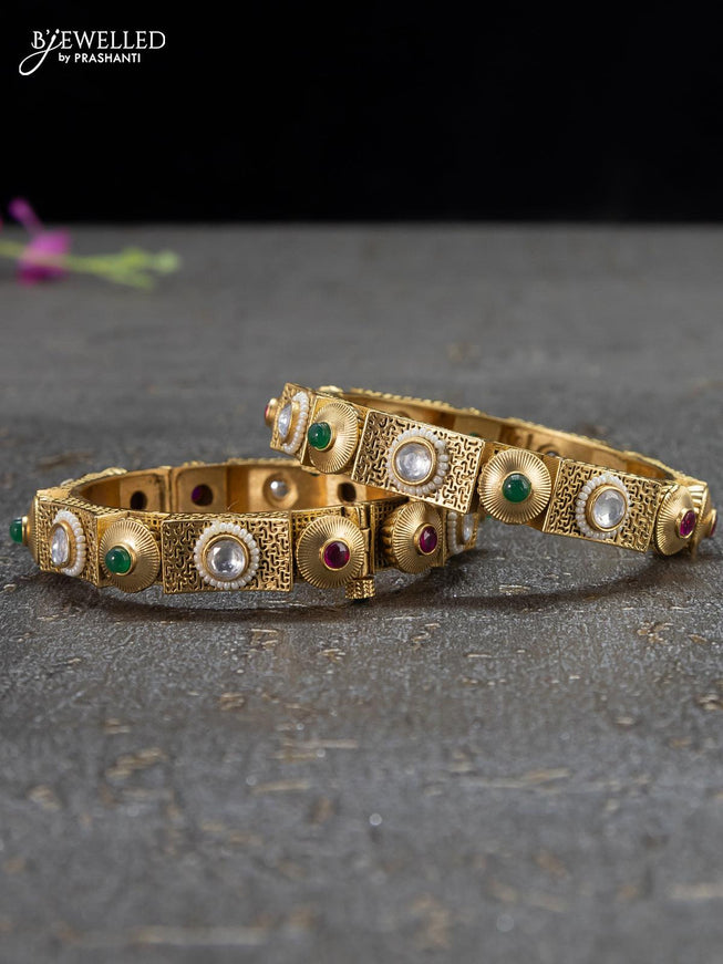 Antique screw type bangles with kemp and cz stones with pearls - {{ collection.title }} by Prashanti Sarees