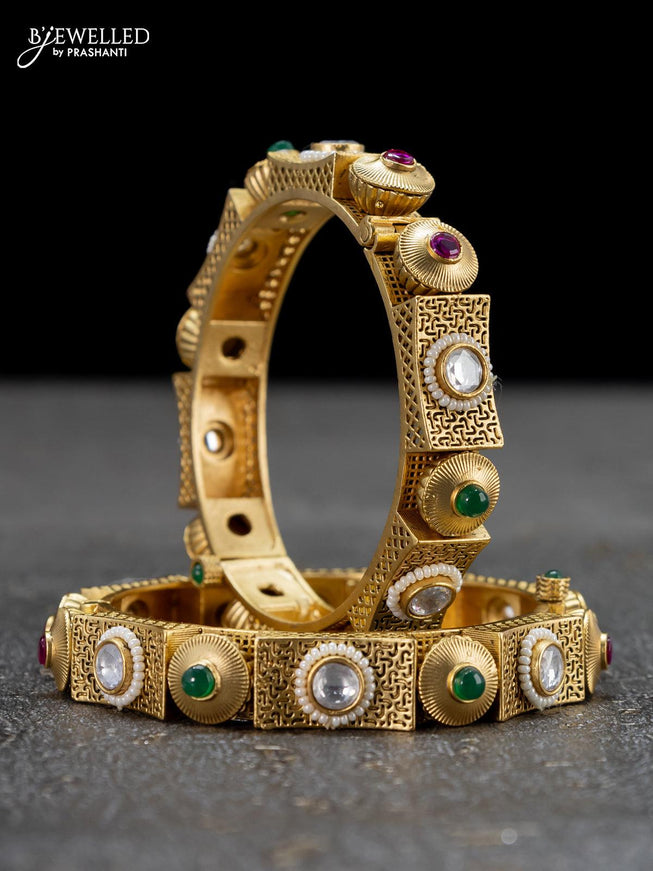 Antique screw type bangles with kemp and cz stones with pearls - {{ collection.title }} by Prashanti Sarees
