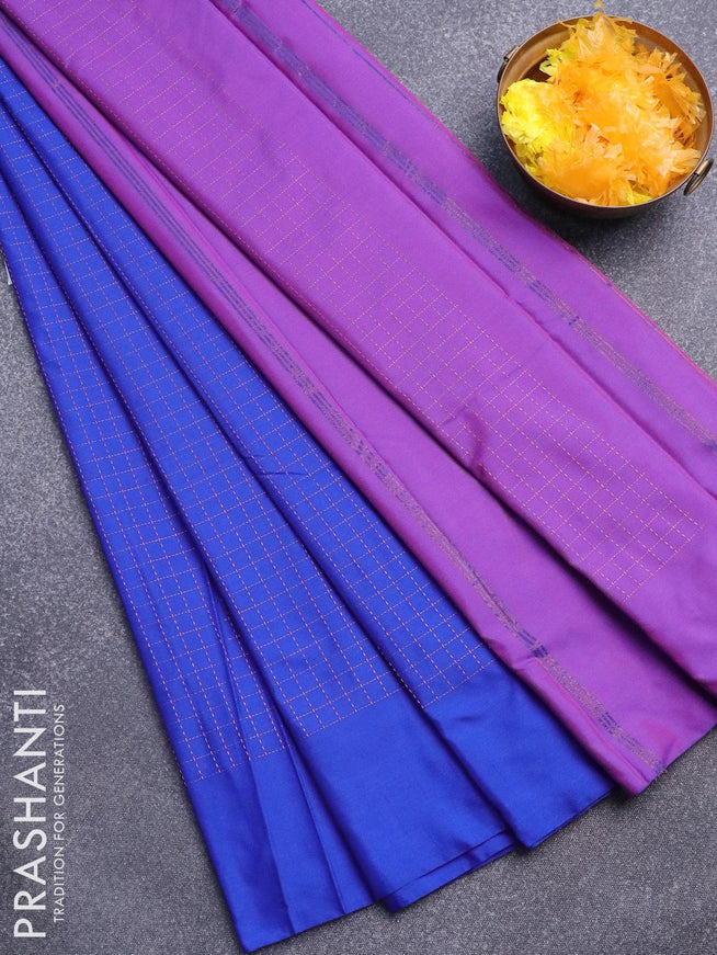 Arani semi silk saree blue and purple with allover copper zari checked pattern in borderless style - {{ collection.title }} by Prashanti Sarees