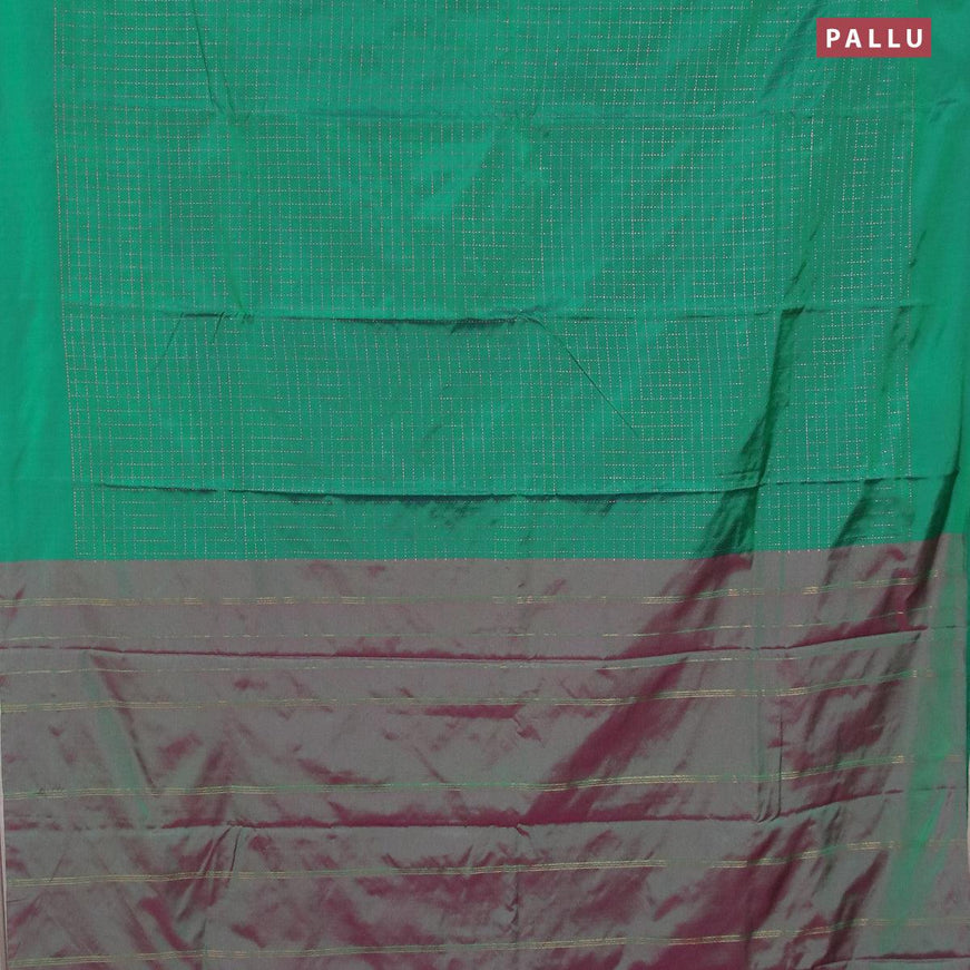 Arani semi silk saree dark green and dual shade of greenish purple with allover copper zari checked pattern in borderless style - {{ collection.title }} by Prashanti Sarees