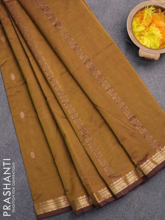 Arani semi silk saree dark mustard with zari woven buttas and small zari woven border - {{ collection.title }} by Prashanti Sarees