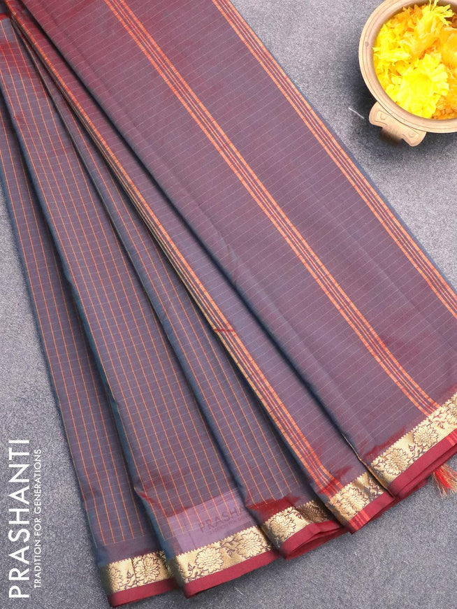 Arani semi silk saree dual shade of bluish maroon with allover checked pattern and small zari woven border - {{ collection.title }} by Prashanti Sarees