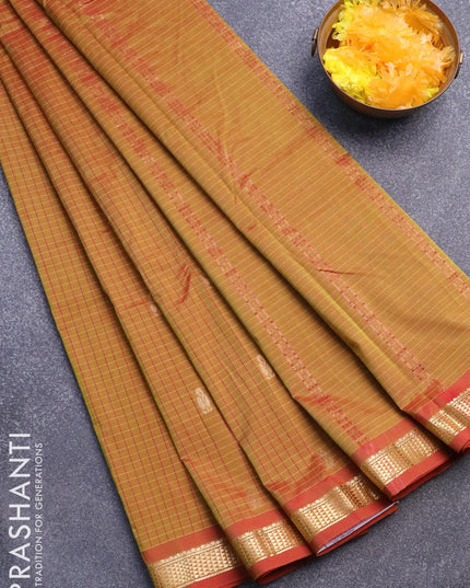 Arani semi silk saree dual shade of dark mustard and red shade with allover checked pattern & zari buttas and small zari woven border - {{ collection.title }} by Prashanti Sarees