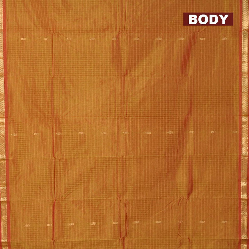 Arani semi silk saree dual shade of dark mustard and red shade with allover checked pattern & zari buttas and small zari woven border - {{ collection.title }} by Prashanti Sarees