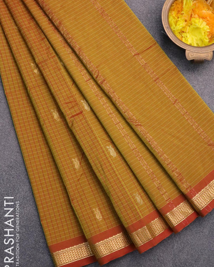Arani semi silk saree dual shade of mustard green shade and red with allover checked pattern & zari buttas and small zari woven border - {{ collection.title }} by Prashanti Sarees