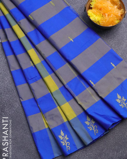 Arani semi silk saree lime yellow and blue with allover paalum pazhamum & zari buttas and zari woven butta border - {{ collection.title }} by Prashanti Sarees