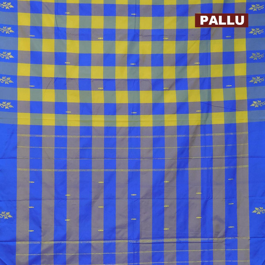 Arani semi silk saree lime yellow and blue with allover paalum pazhamum & zari buttas and zari woven butta border - {{ collection.title }} by Prashanti Sarees