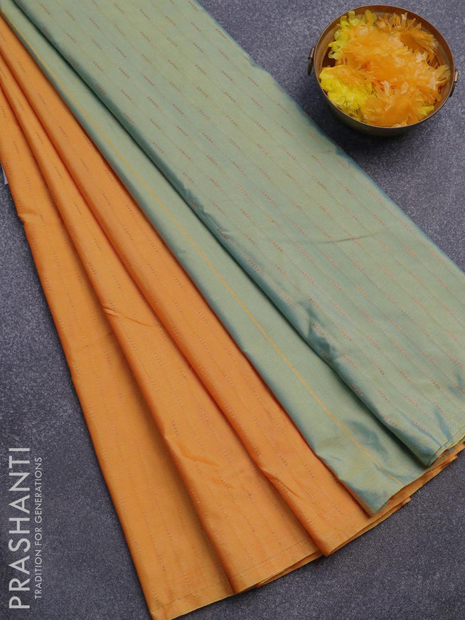 Arani semi silk saree mango yellow and dual shade of yellowish blue with allover copper zari woven butta weaves in borderless style - {{ collection.title }} by Prashanti Sarees