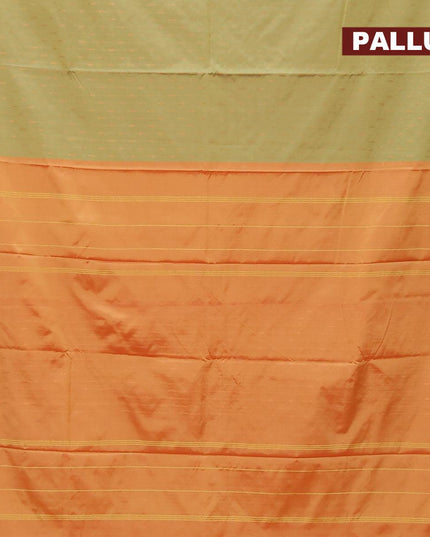 Arani semi silk saree olive green shade and dual shade of mango yellow with allover copper zari woven butta weaves in borderless style - {{ collection.title }} by Prashanti Sarees
