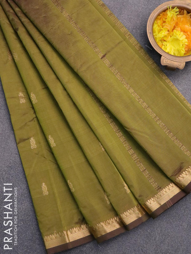 Arani semi silk saree olive green with zari woven buttas and small zari woven border - {{ collection.title }} by Prashanti Sarees