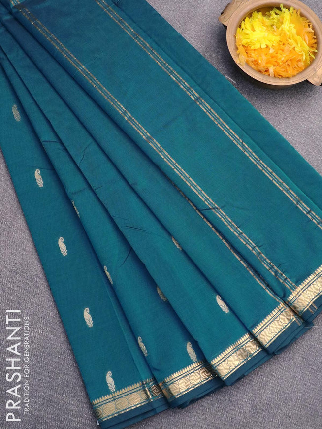 Arani semi silk saree peacock blue with zari woven buttas and small zari woven border - {{ collection.title }} by Prashanti Sarees