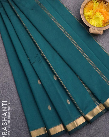 Arani semi silk saree peacok blue with zari woven buttas and small zari woven border - {{ collection.title }} by Prashanti Sarees