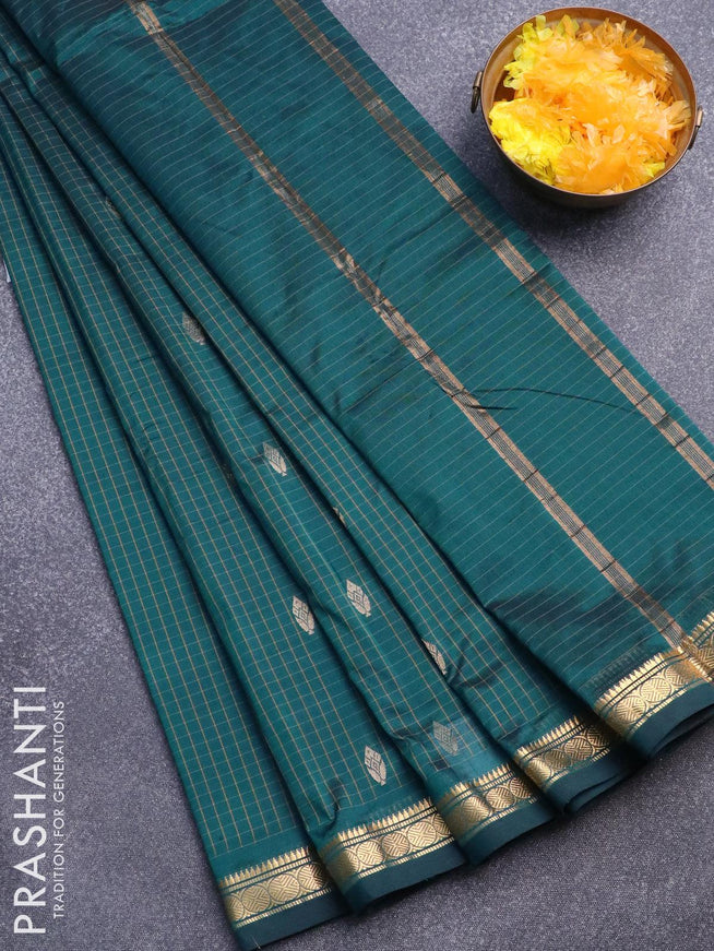Arani semi silk saree peacok green with allover checked pattern & zari buttas and small zari woven border - {{ collection.title }} by Prashanti Sarees