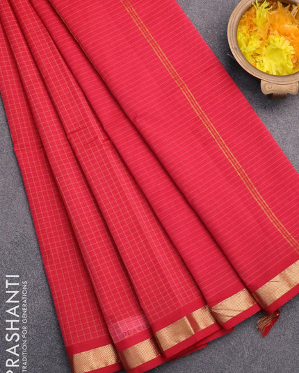 Arani semi silk saree reddish pink with allover checked pattern and small zari woven border - {{ collection.title }} by Prashanti Sarees