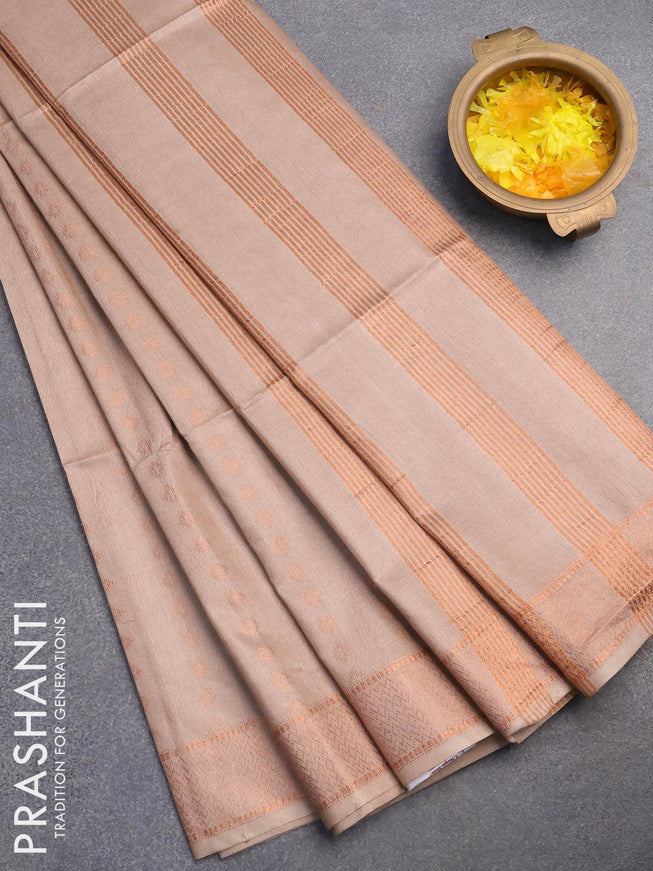 Bamboo silk saree beige with allover copper zari woven butta weaves and zari woven border - {{ collection.title }} by Prashanti Sarees