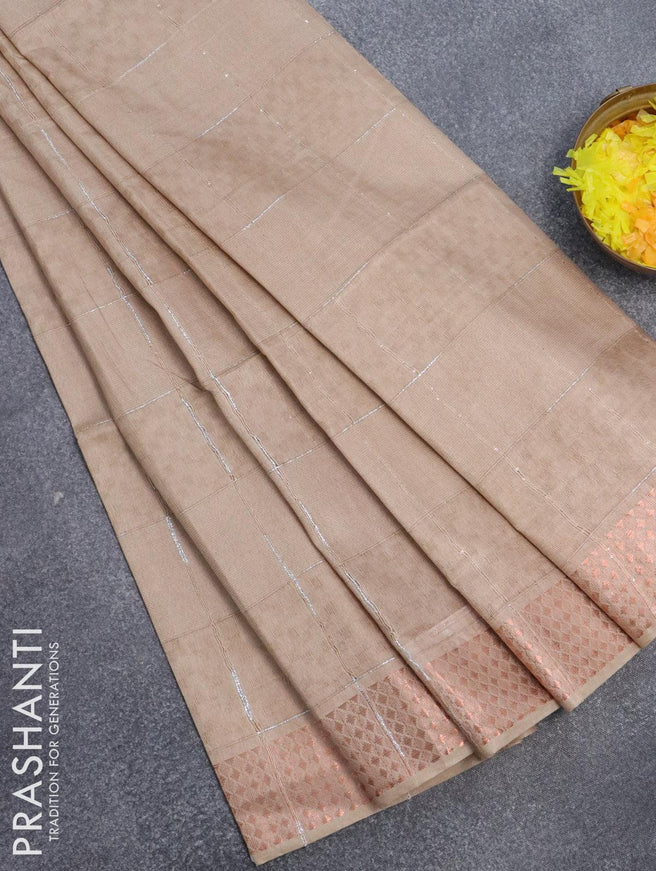 Bamboo silk saree beige with allover thread weaves and sequin work pallu - {{ collection.title }} by Prashanti Sarees