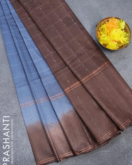 Bamboo silk saree blue shade and coffee brown with allover thread weaves and sequin work pallu - {{ collection.title }} by Prashanti Sarees