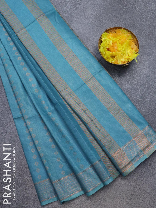 Bamboo silk saree blue with allover copper zari woven butta weaves and zari woven border - {{ collection.title }} by Prashanti Sarees