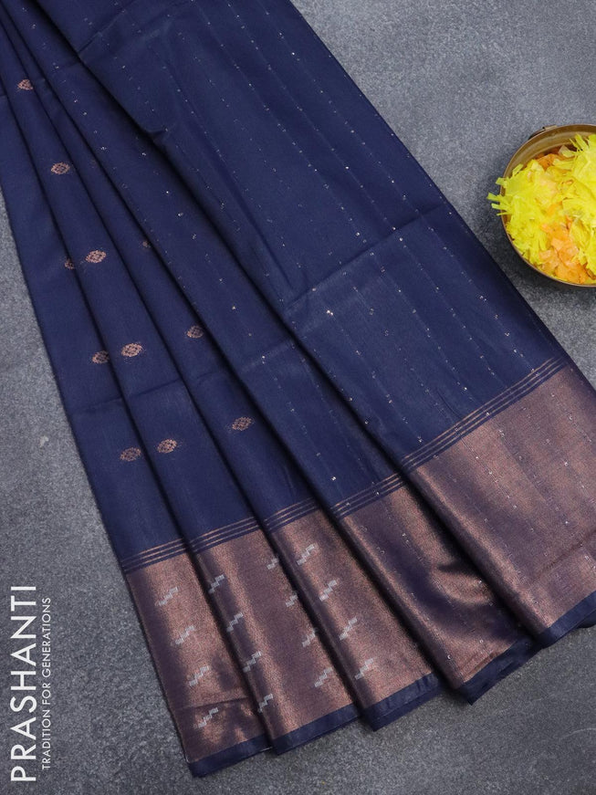Bamboo silk saree dark blue with copper zari woven buttas and copper zari woven border - {{ collection.title }} by Prashanti Sarees