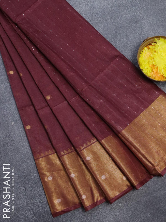 Bamboo silk saree dark maroon with zari woven geometric buttas and zari woven border - {{ collection.title }} by Prashanti Sarees