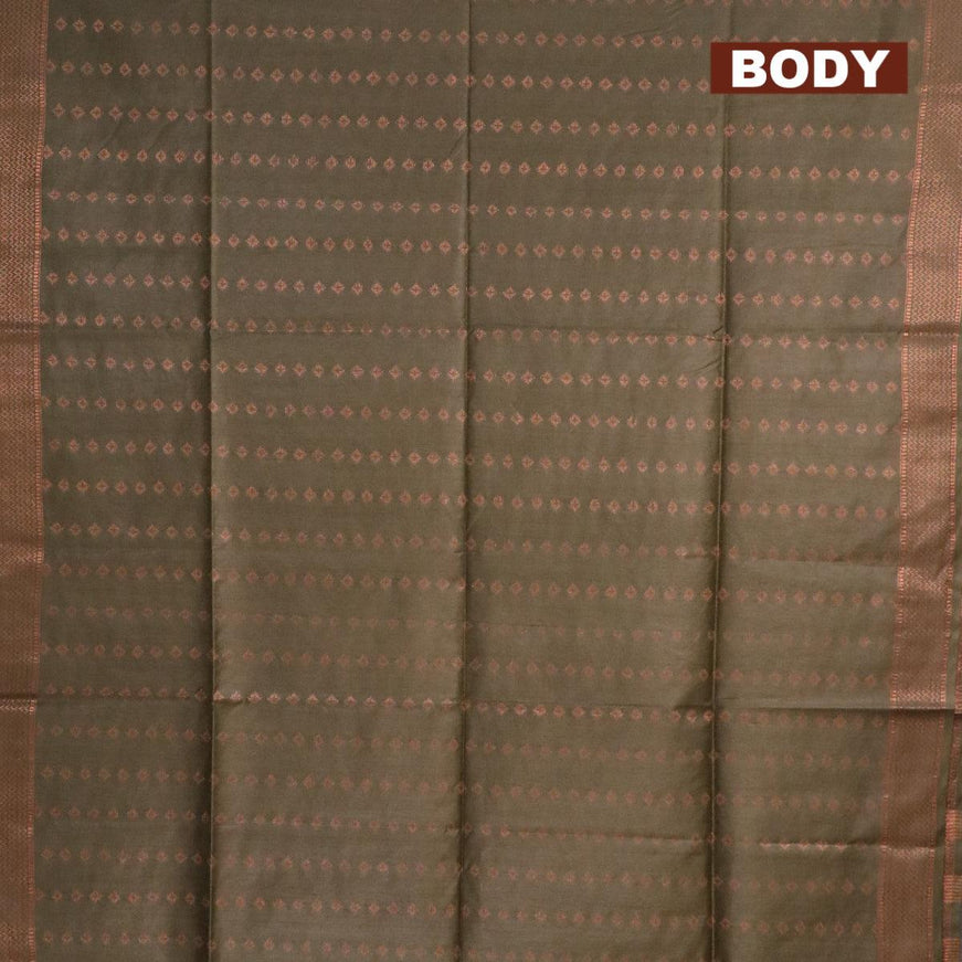 Bamboo silk saree dark olive green with allover zari butta weaves and copper zari woven border - {{ collection.title }} by Prashanti Sarees