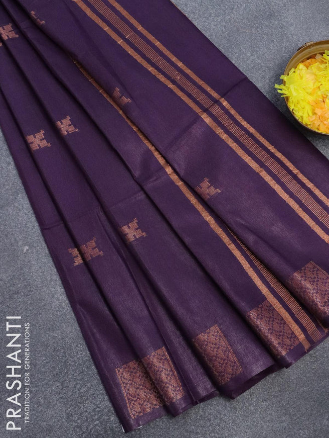 Bamboo silk saree deep violet with copper zari woven buttas in borderless style - {{ collection.title }} by Prashanti Sarees
