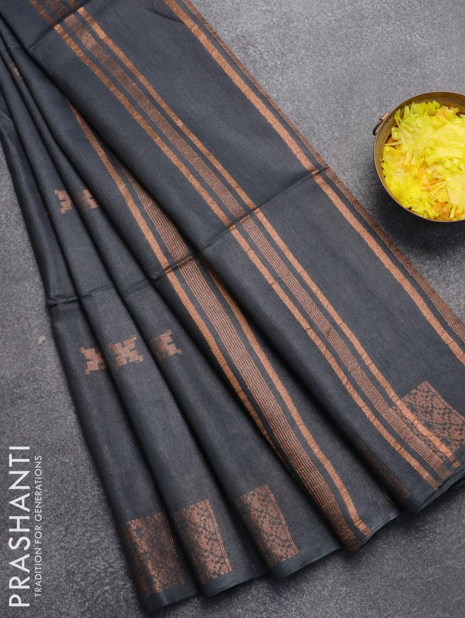 Bamboo silk saree elephant grey with copper zari woven buttas in borderless style - {{ collection.title }} by Prashanti Sarees