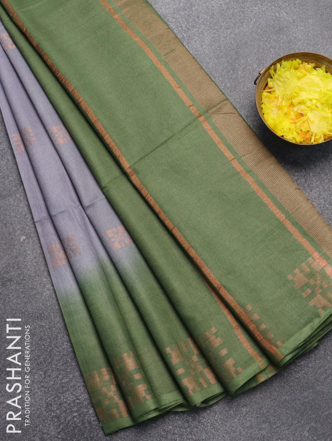Bamboo silk saree grey and green with copper zari woven buttas in borderless style - {{ collection.title }} by Prashanti Sarees