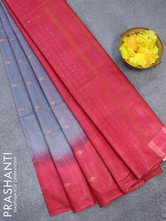 Bamboo silk saree grey shade and pink with copper zari woven buttas and sequin work pallu - {{ collection.title }} by Prashanti Sarees