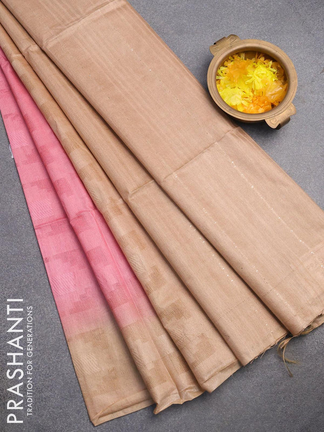 Bamboo silk saree light pink and sandal with allover thread weaves in borderless style - {{ collection.title }} by Prashanti Sarees
