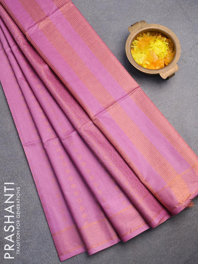 Bamboo silk saree mild purple with allover copper zari woven butta weaves and zari woven border - {{ collection.title }} by Prashanti Sarees