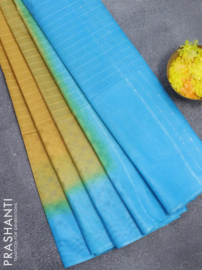 Bamboo silk saree mustard yellow and light blue with allover thread weaves and sequin work pallu - {{ collection.title }} by Prashanti Sarees