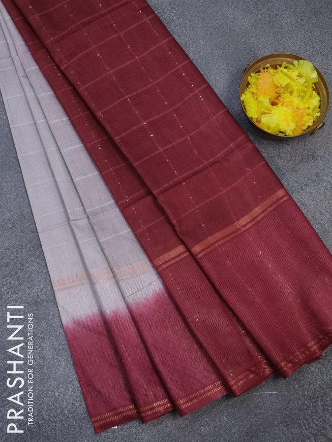 Bamboo silk saree pastel grey and maroon with allover thread weaves and sequin work pallu - {{ collection.title }} by Prashanti Sarees