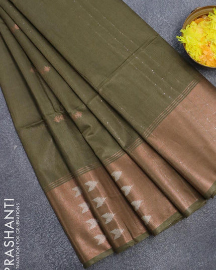 Bamboo silk saree sap green with copper zari woven buttas and zari woven border - {{ collection.title }} by Prashanti Sarees