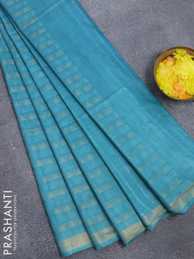 Bamboo silk saree teal blue with allover zari weaves and zari woven border - {{ collection.title }} by Prashanti Sarees
