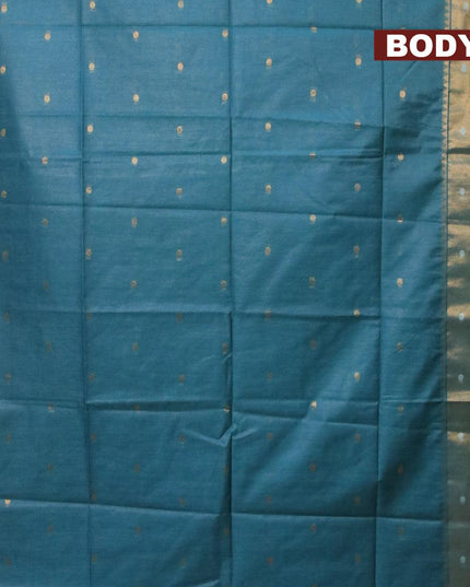 Bamboo silk saree teal blue with zari woven geometric buttas and zari woven border - {{ collection.title }} by Prashanti Sarees