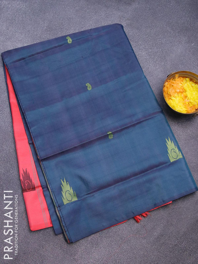 Banana pith saree dark peacock green and red with thread woven buttas in borderless style with blouse - {{ collection.title }} by Prashanti Sarees