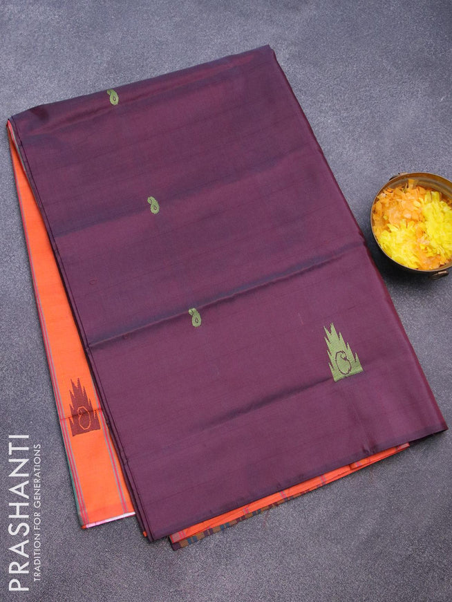 Banana pith saree deep maroon and orange with thread woven buttas in borderless style with blouse - {{ collection.title }} by Prashanti Sarees