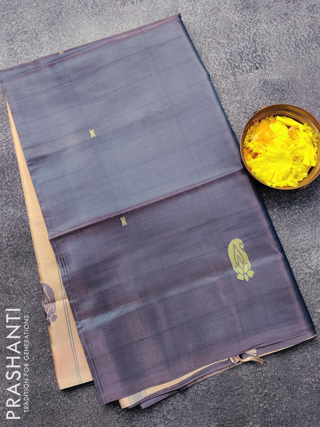 Banana pith saree greyish blue and beige with thread woven buttas in borderless style with blouse - {{ collection.title }} by Prashanti Sarees
